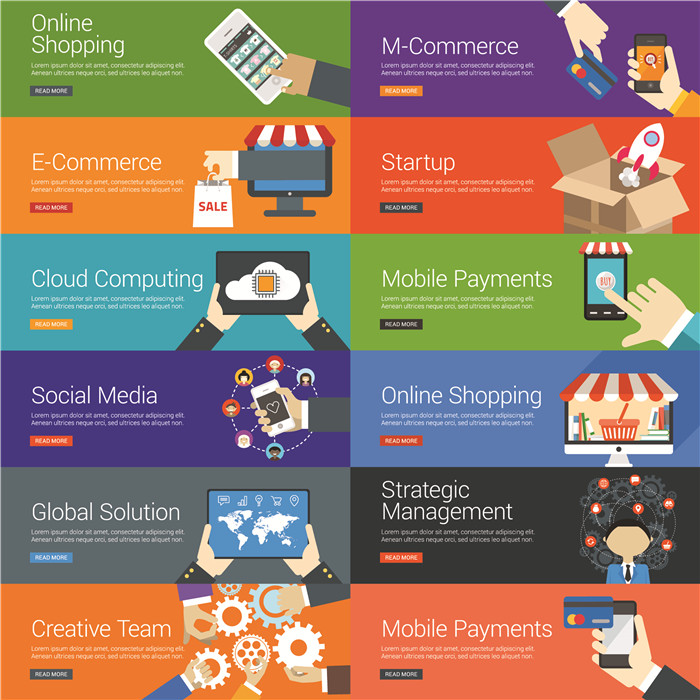 A1203矢量80+扁平化商务创业移动支付banner图 AI设计素材