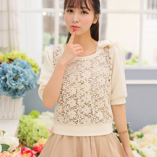 清仓特卖花炮大叔甜美清新镂空花朵肩膀蝴蝶结中袖直筒短款上衣