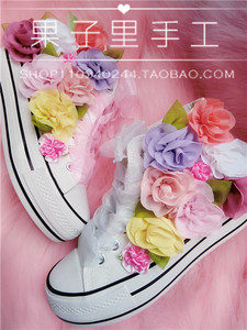 包邮可爱立体花朵贴钻丝带萝莉学生高帮糖果色内增高帆布鞋小球鞋