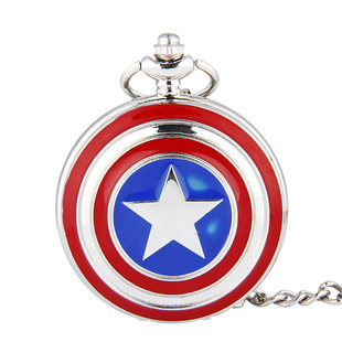 银色大号美国队长五角星石英怀表 欧美风翻盖怀表情侣毛衣链8017