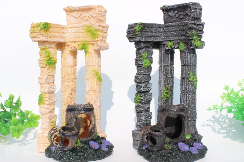 包邮 鱼缸水族箱造景水族用品方型 古罗马柱带桶 树脂鱼洞装饰