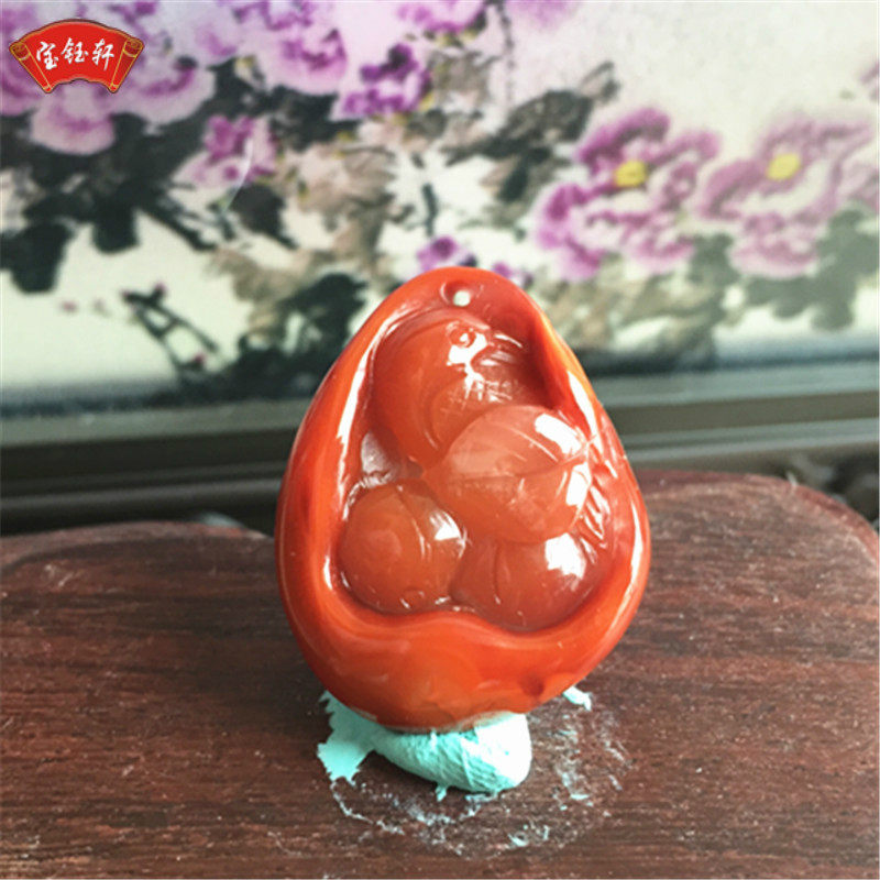 天然川料南红玛瑙寿上添喜吊坠雕件柿子红寿桃喜鹊雕刻挂饰项坠