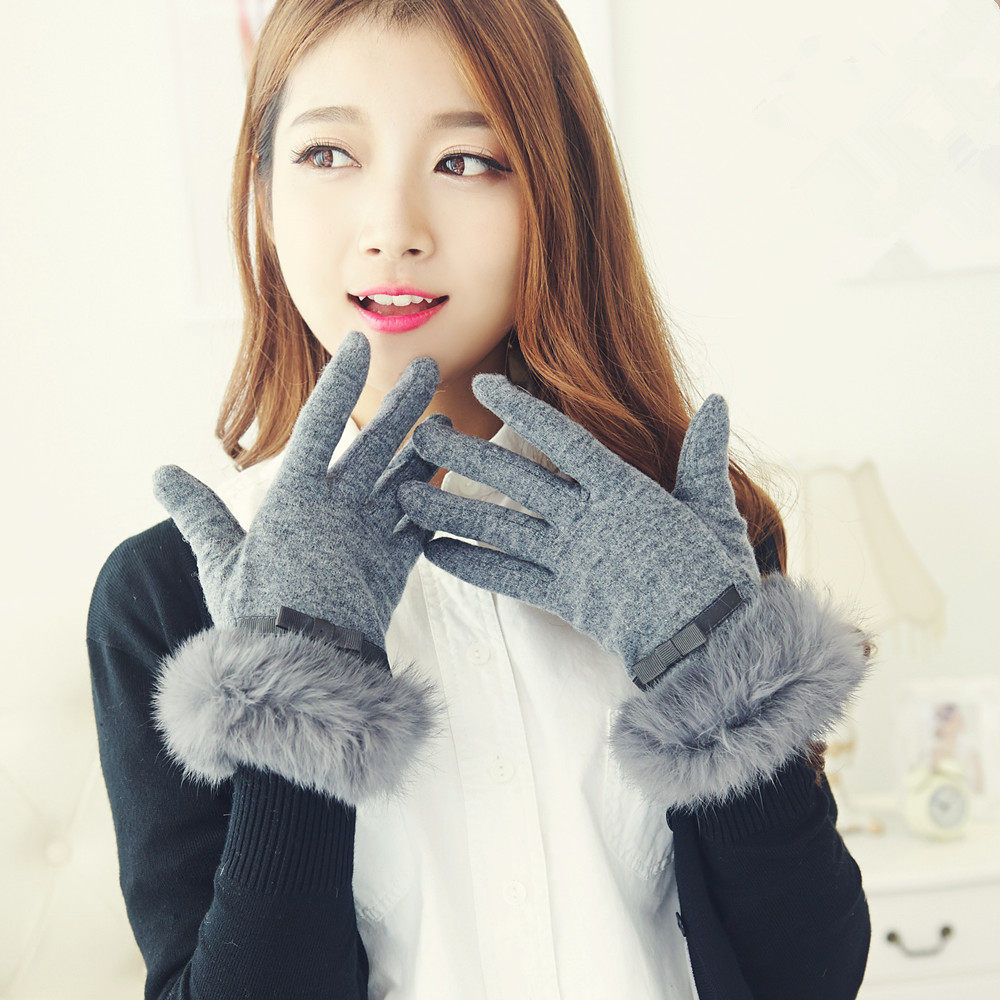 秋冬新款针织兔毛口羊毛绒线手套 加厚款女士全分指户外 保暖防寒