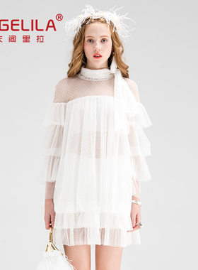 欧洲站春装女2021新款透视网纱礼服陈妍希同款连衣裙夏欧货潮长袖