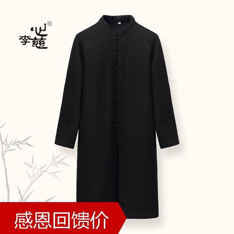 黑玛瑙男款毛呢大衣中国风中长款复古文艺纯黑色-可手绘情侣款
