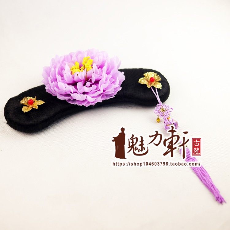 紫色牡丹花格格旗头紫色流苏穗子清朝格格贵妃头饰格格帽古装配饰