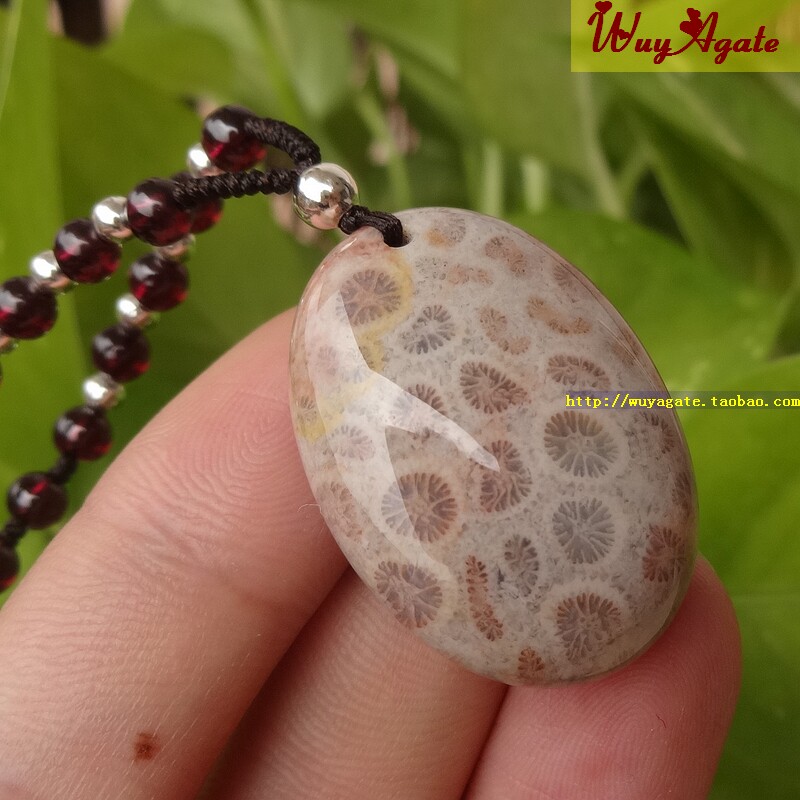 纯天然台湾珊瑚玉化石满花菊花石吊坠女款旦形坠子百搭石榴石项链