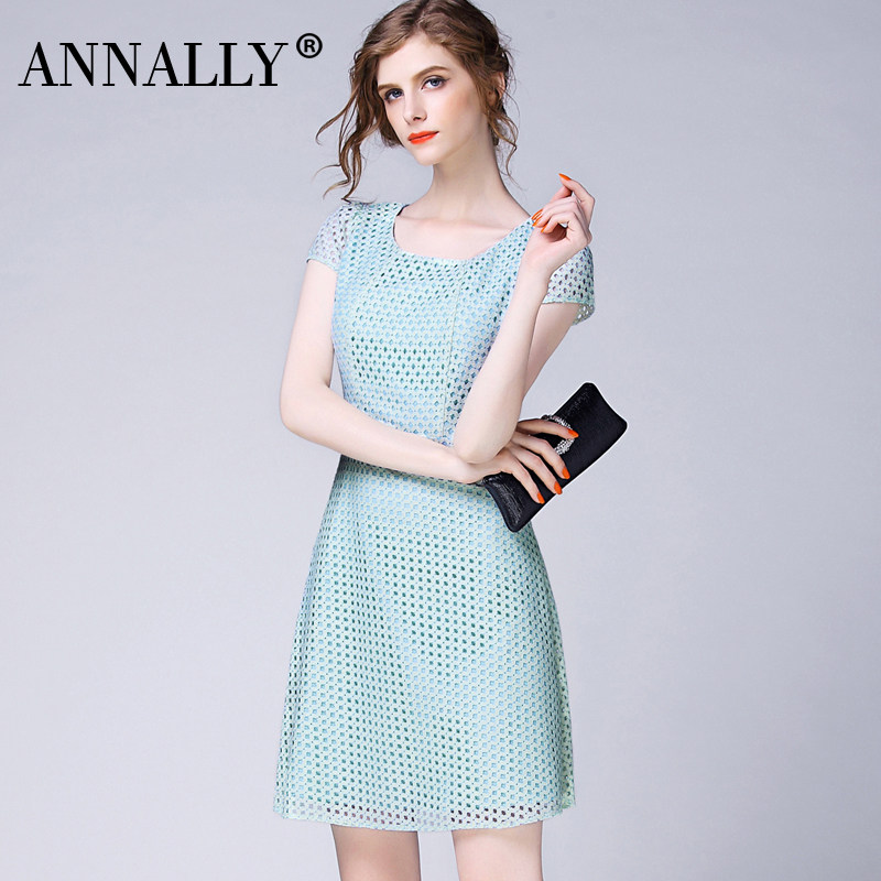 annally夏装新款韩版气质淑女ol修身显瘦蕾丝格子短袖连衣裙典雅