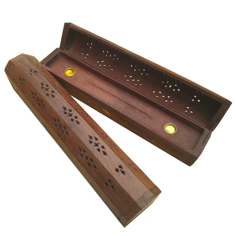印度进口香熏菩提木嵌铜香盒香薰香点香器香插香座香炉含储香室