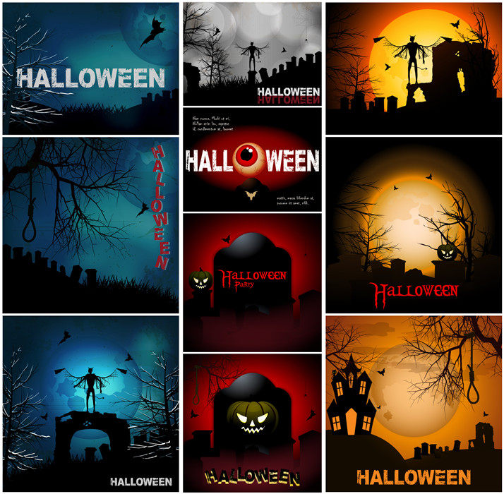 [394]欧美万圣节海报banner僵尸月亮城堡南瓜 AI矢量设计素材