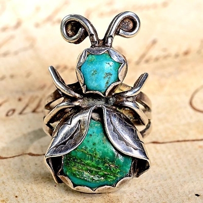 庭院绿松石原矿古董老银戒指