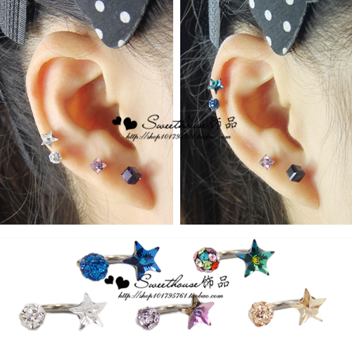 手工款五角星星水晶香巴拉圆形碎钻球双面钛钢耳骨钉小耳耳环饰品