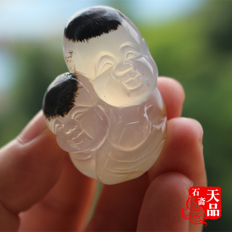 天然原色水草海洋玉髓招财双童子吉祥玉髓吊坠手把件冰种玛瑙送礼
