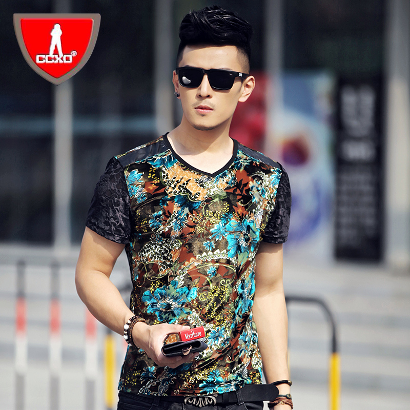 潮加大码v领镂空打底衫短袖t恤