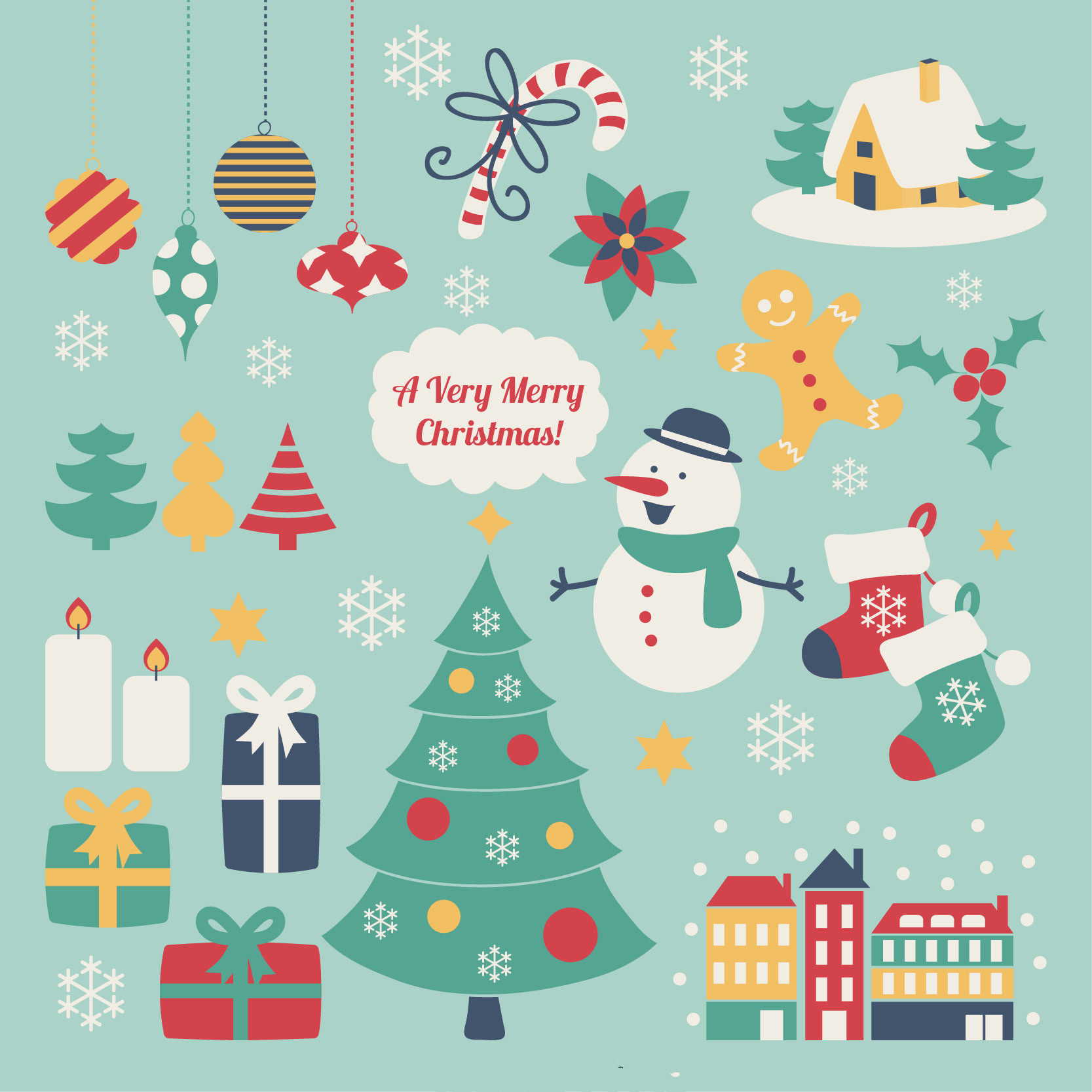 矢量圣诞树冰雪节蜡烛雪人姜饼屋图标案 EPS可转PNG免扣设计素材