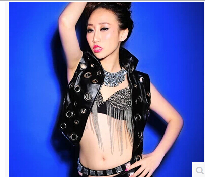 夜店DS歌手新款DJ舞台演出服明星同款时尚镂空PU皮小马甲男女同款