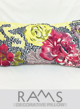 美式乡村样板房沙发床办公室靠垫抱枕 田园彩色牡丹靠包绣花腰枕