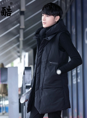 潮流男士中长款羽绒棉棉马甲韩版坎肩不可拆卸连帽韩版修身马夹厚