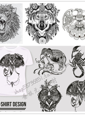 A2161矢量手绘民族风格动物T恤印花模板狼狮子蝎子象 AI设计素材