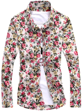 秋季薄款长袖花衬衫男潮流青年发型师韩版修身时尚碎花衬衣