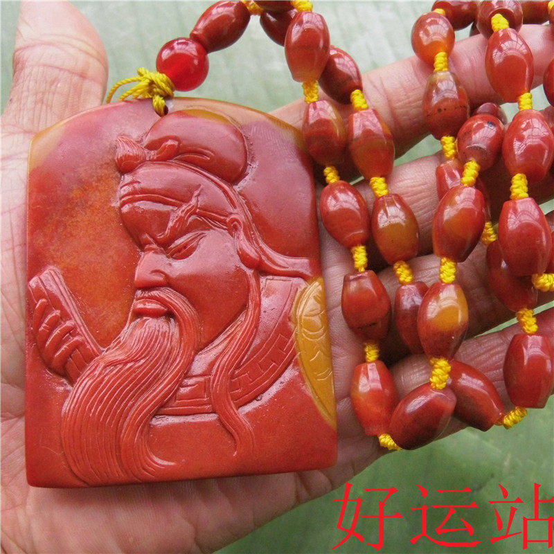 促销新款黄龙玉关公吊坠男生挂件宝石颈饰黄蜡石关云长玉坠带项链