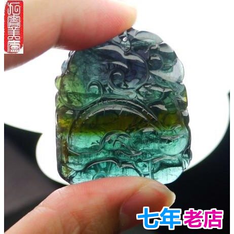 天然巴西蓝绿西瓜巴西碧玺如意大雕件吊坠男女时尚饰品特价稀有