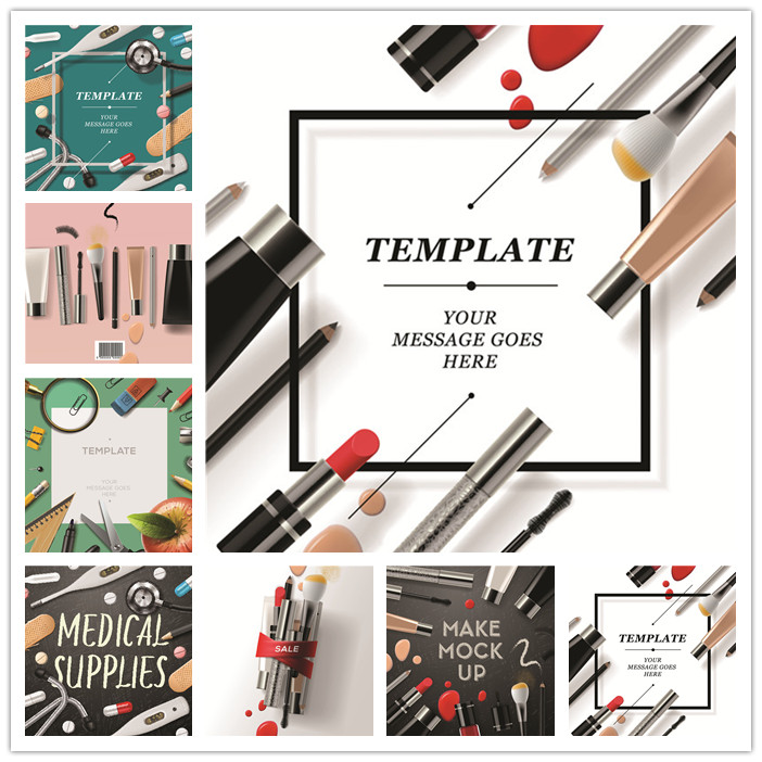 [434]化妆品医疗器械办公文具扁平化广告插画模板 AI矢量设计素材