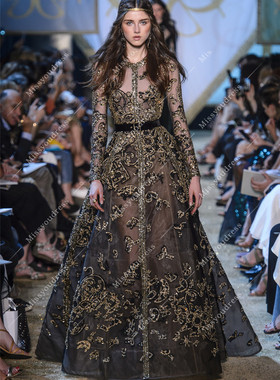 秋冬新款长袖黑色奢华珠绣名媛生日年会主持演出红毯走秀晚礼服