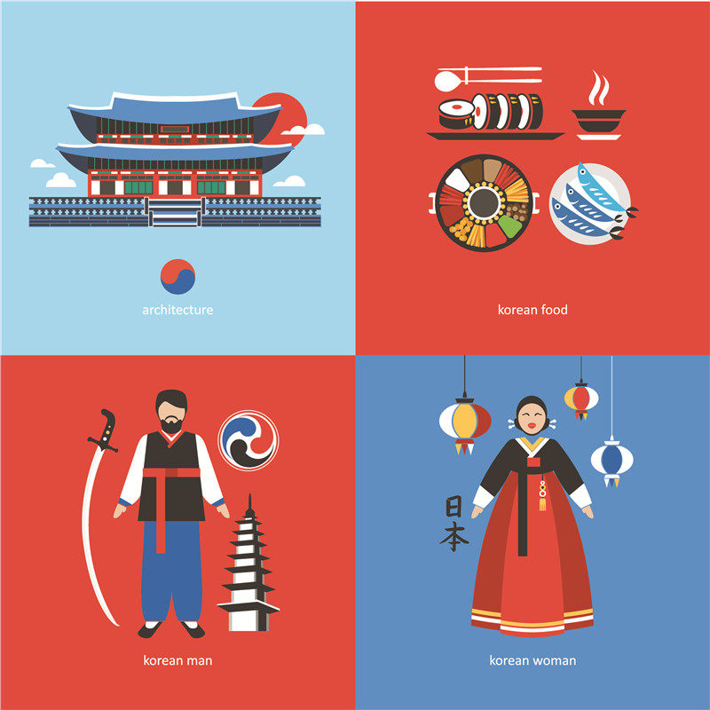 a0301矢量扁平化文化元素韩国服饰建筑国旗食物 ai设计素材
