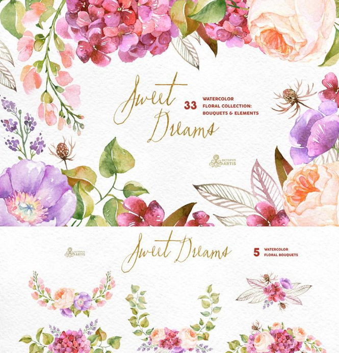 唯美森系水彩风花卉花朵叶子花边图案 png免扣请柬卡片设计素材 b