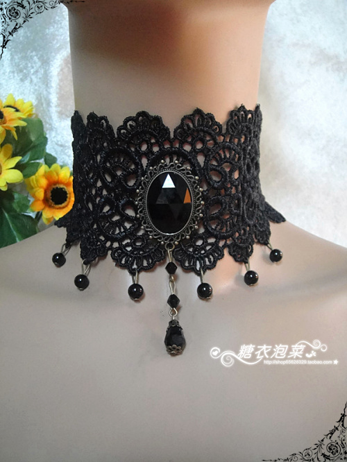 新品加宽颈纹遮盖蕾丝黑白色珍珠颈配饰 短款蕾丝镶钻脖带项链