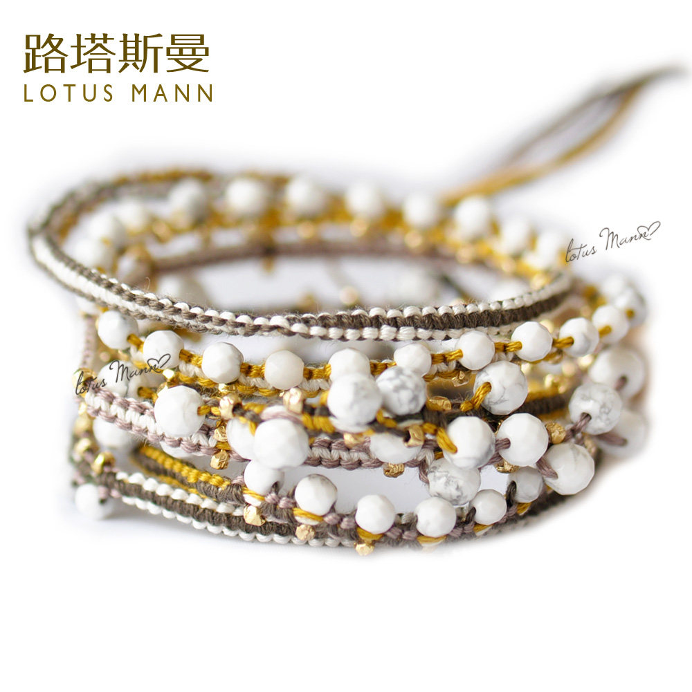 棉织6圈超长howlite 白松石与纯银镀金珠手链lotusmann