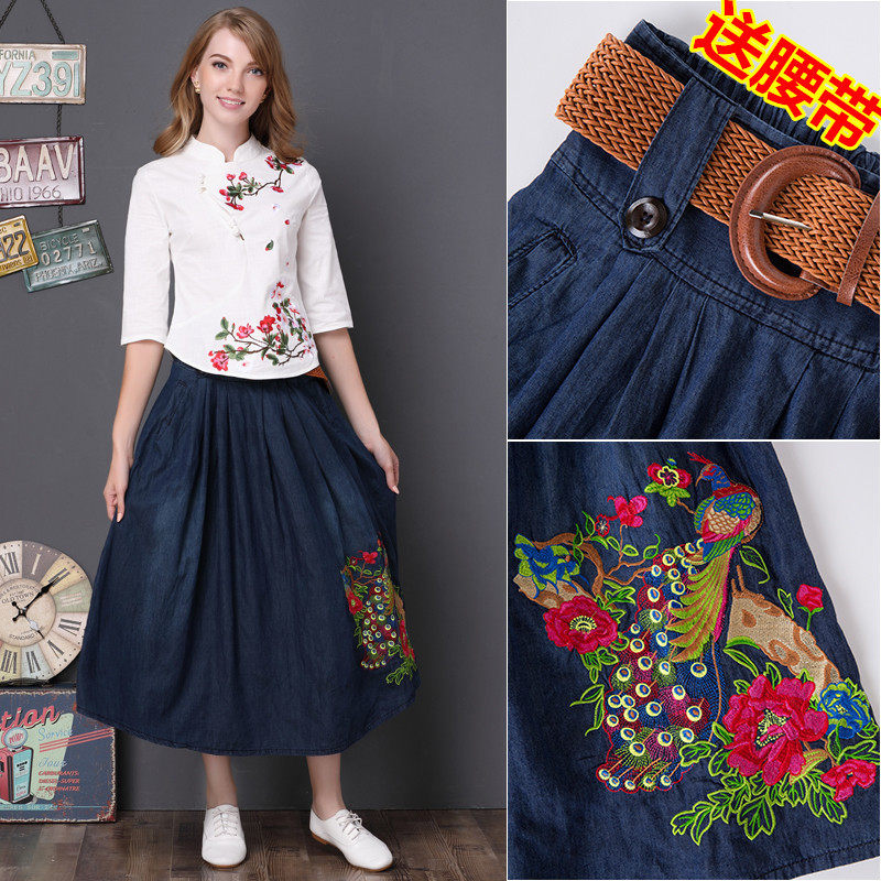 Map Fish 2019 spring and autumn new pattern Ethnic style Embroidery skirt Pleated skirt Pendulum longuette Embroidery Denim skirtin the Women's clothing/Boutique , Skirts  category - from Buy2taobao.com to provide professional Taobao agent buy service