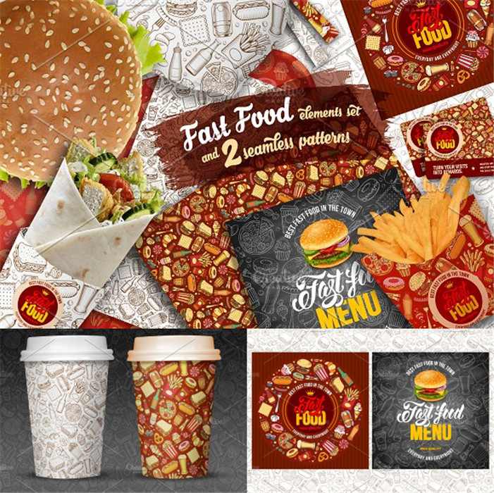 A0917矢量卡通手绘快餐汉堡薯条可乐蛋糕包装LOGO纹理 AI设计素材