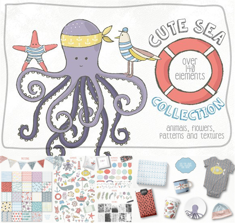 [571]AI矢量设计素材 可爱海洋动物插画几何四方连续纹样含png