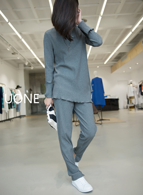 UONE定制灰色条纹针织休闲套装百搭街款欧美风修身女式宽松两件套