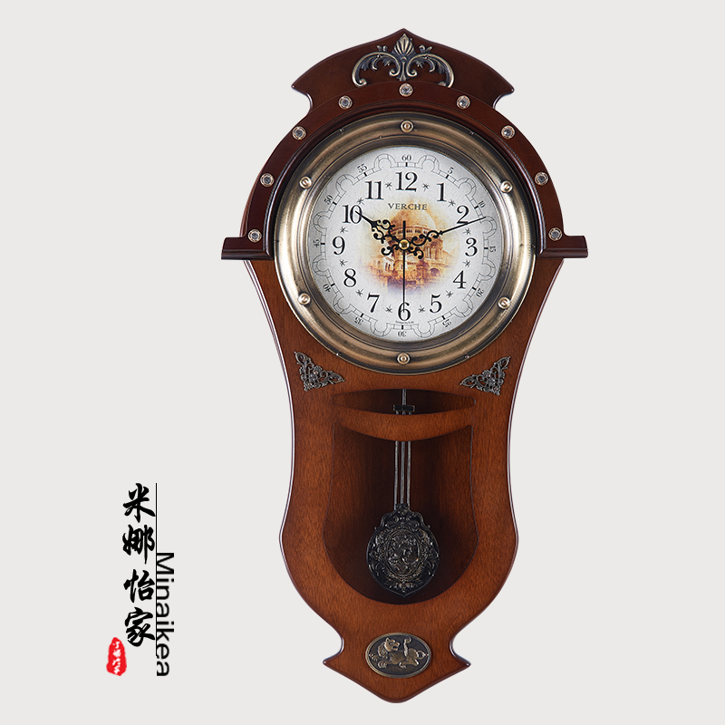 仿古欧式客厅静音挂钟创意时尚田园摇摆时钟大号木钟壁挂卧室挂表