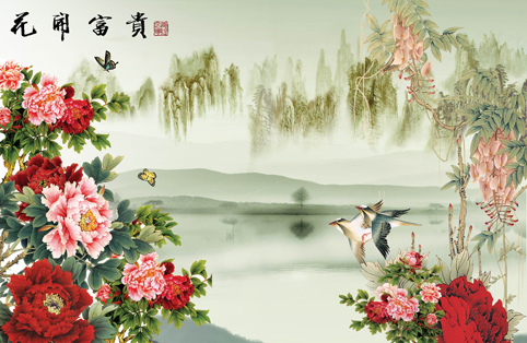 风景画 花开富贵 富贵牡丹装饰画墙画贴画客厅走廊大幅海报J1383C图片