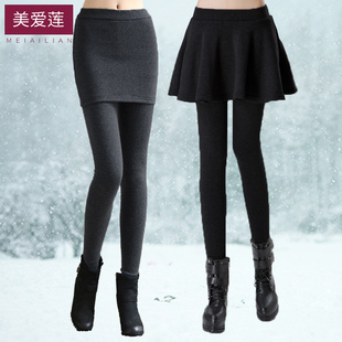 假两件加绒加厚外穿大码百褶裙裤秋冬打底裤连裤裙大码胖mm