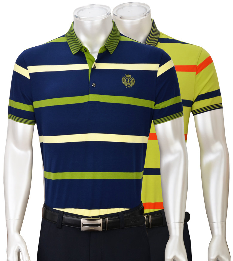 老爷车男士中年短袖T恤男装时尚休闲条纹商务丝光棉宽松夏季薄款