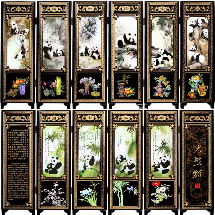 彷古漆器 木质小屏风装饰摆饰中国特色礼物送老外礼物 六扇熊猫