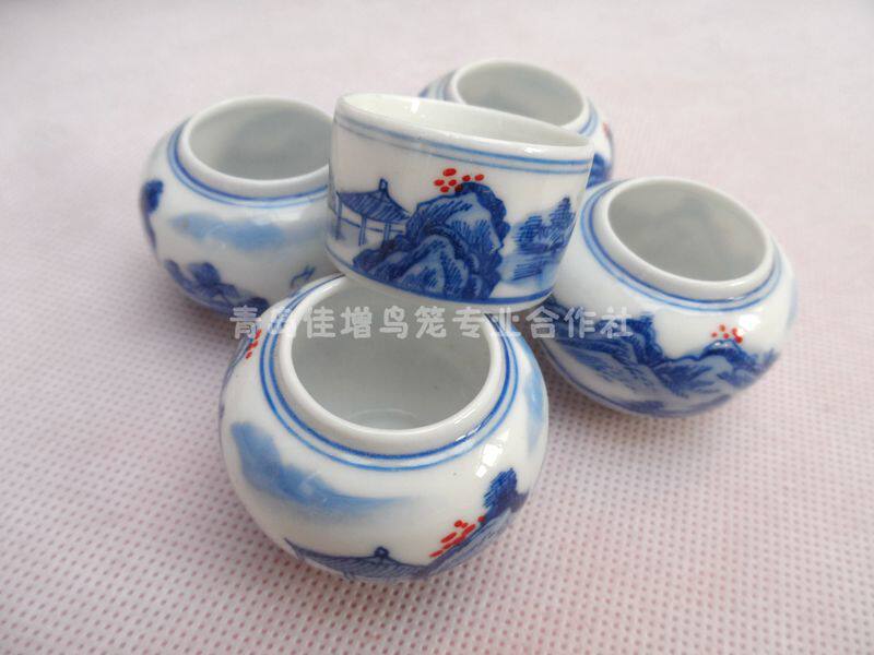 大欧鸟笼景德镇烧制手绘红子贝子玉鸟靛颏食罐水碗五件套带沿山水