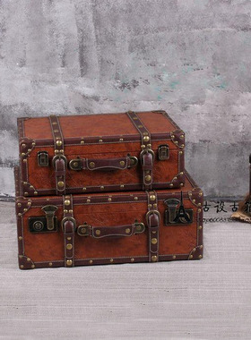 复古皮箱道具箱旅行箱手提男短途行李箱女纯色箱子棕色做旧皮箱木