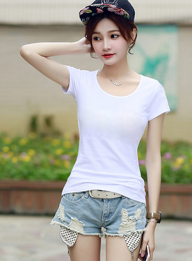 韩版白色纯棉圆领T恤女短袖夏季新款修身显瘦纯色打底衫简约女装