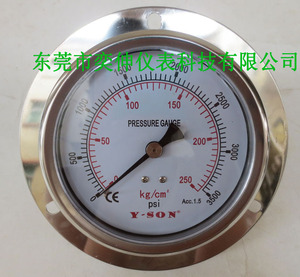。100MM轴向带边0-250KG螺纹3/8抗震压力表，埋入式充油表，油压