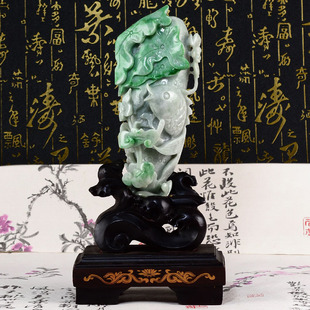 宏荔珠宝翡翠 精品A货玉器摆件阳绿精雕荷叶鲤鱼翡翠摆件1668