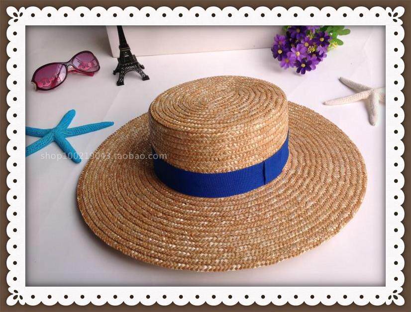 韩版高品质夏天女士小蜜蜂标平顶平边超大边 麦秆草帽休闲遮阳帽