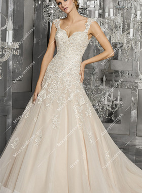 轻奢新款香槟色修身一字肩高鱼尾欧美蕾丝显瘦新娘主婚纱礼服定制