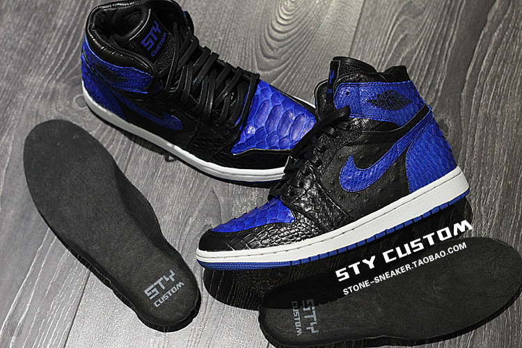 STY custom客制换材料 air jordan 1 黑蓝 蟒蛇 鸵鸟 鳄鱼纹材质