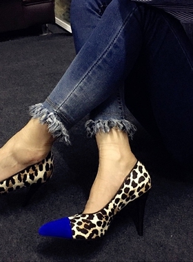 尖头豹纹/蓝色羊绒超高跟锥子跟 女鞋单鞋10厘米跟拼色鞋浅口拼色